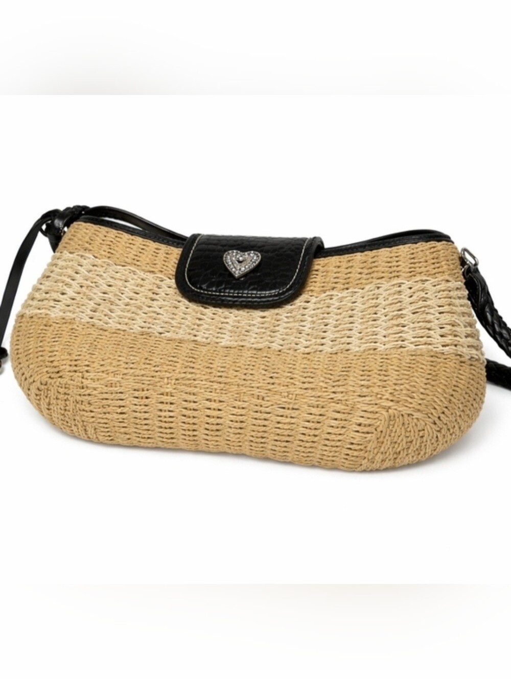 Brighton beige woven straw shoulder Bag black leather trim and a signature - Picture 2 of 12